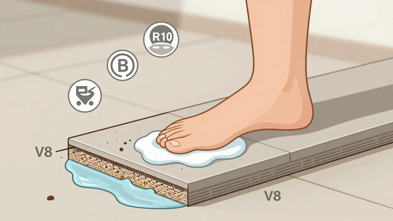 Technische Darstellung eines rutschfesten Bodens mit mikroskopischen Vertiefungen, die Wasser und Schmutz aufnehmen, Fuß darauf, Zertifizierungen R10, B, V8.