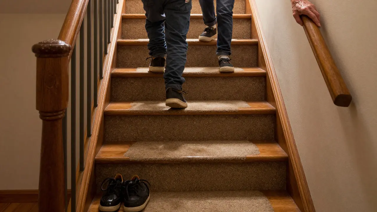 Treppe mit rutschhemmenden Holztreppenstufen R11, Kind und älterer Mensch steigen sicher, nasse Schuhe am Fuß der Treppe.