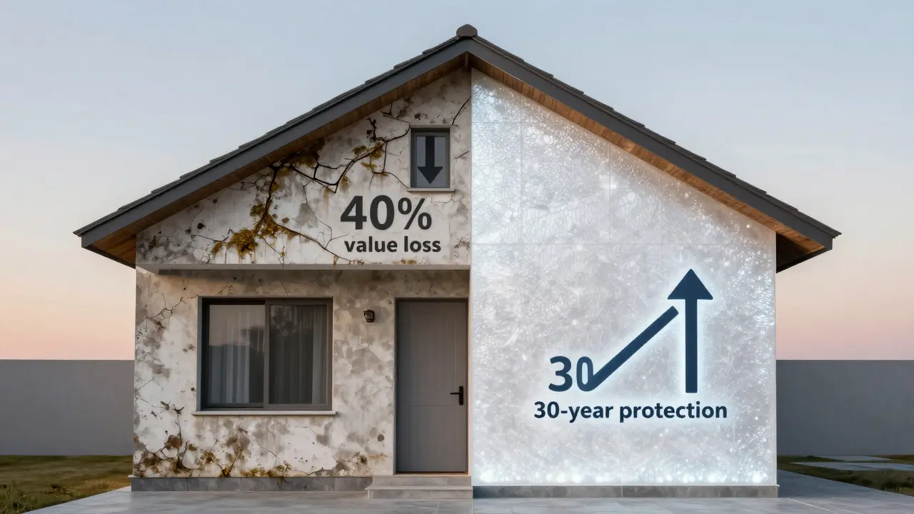 Vergleich einer schimmelbefallenen Immobilie mit einer nachhaltig sanierten Wand mit Nanokeramik-Beschichtung.