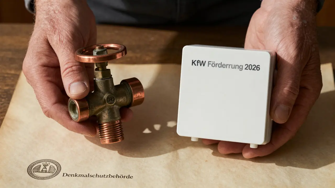 Vergleich eines alten Heizungsventils mit moderner Wärmepumpe, begleitet von einem Genehmigungsdokument des Denkmalschutzes.