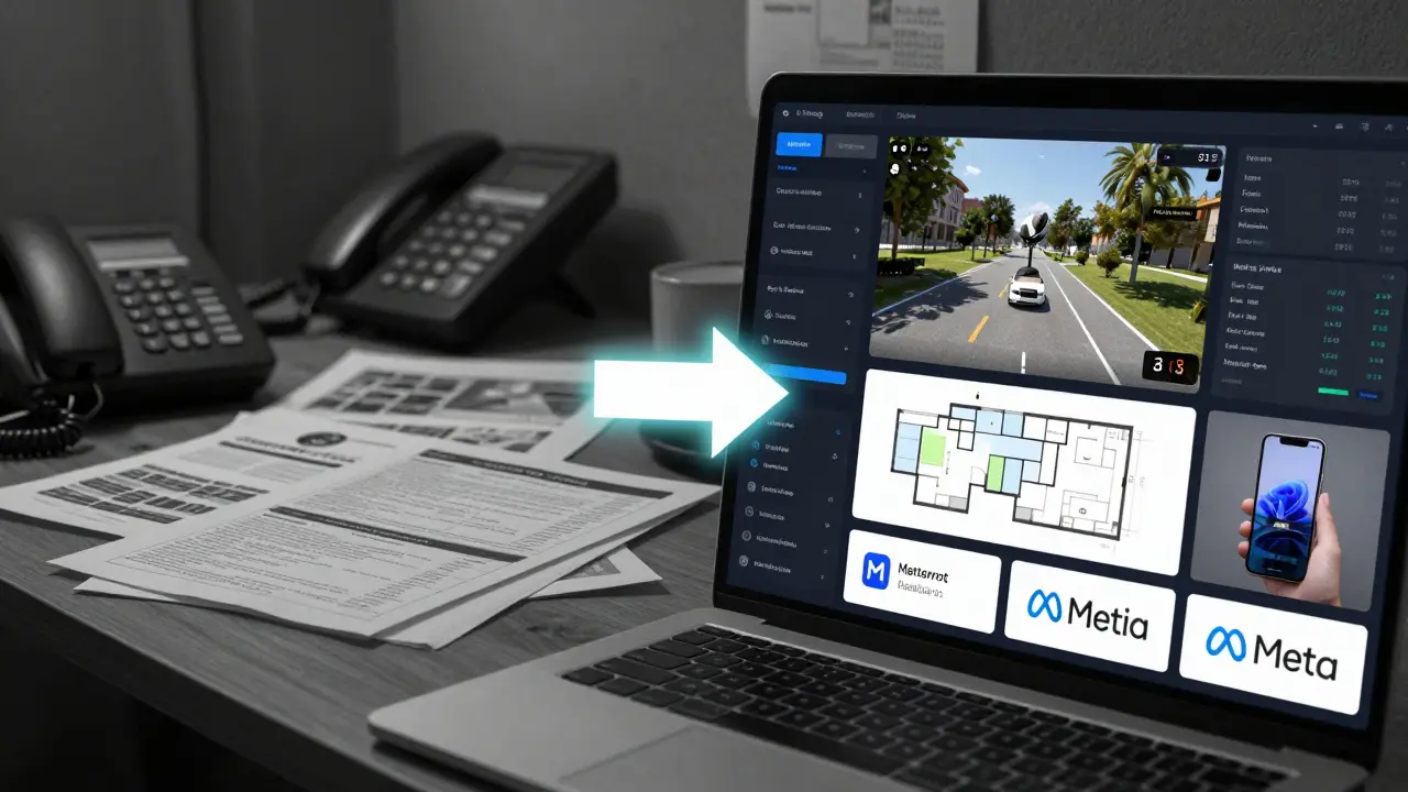 Vergleich von veralteten Flyern mit moderner digitaler Immobilienmarketing-Technologie.