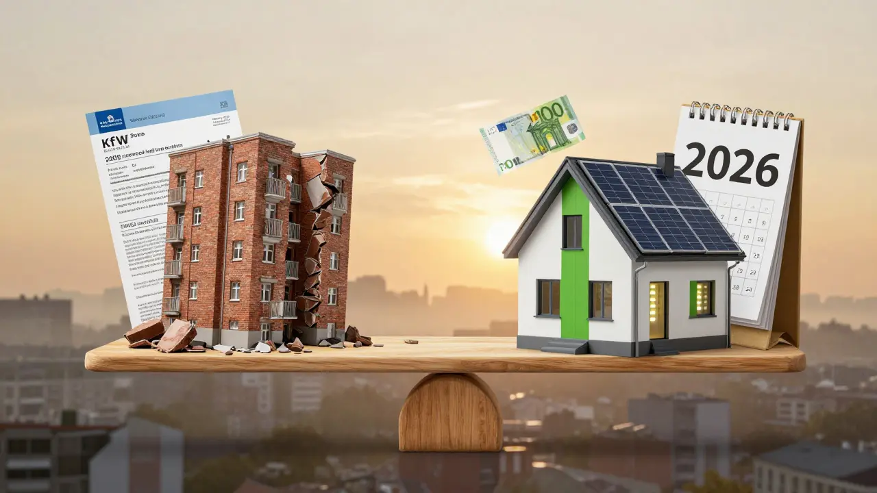 Waage mit altem Haus und modernem, klimafitten Zuhause, darunter KfW-Förderung und das Jahr 2026.