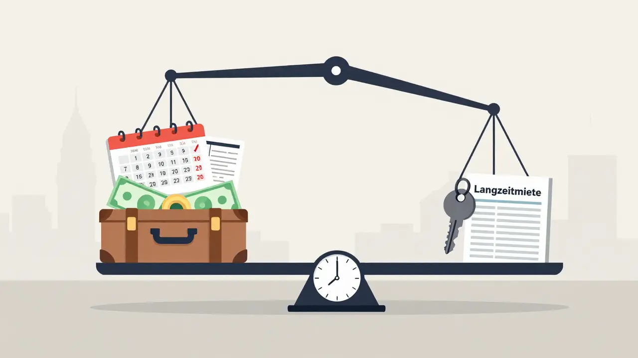 Waage mit Ferienwohnung und Langzeitmiete als symbolische Gewichtsvergleich.