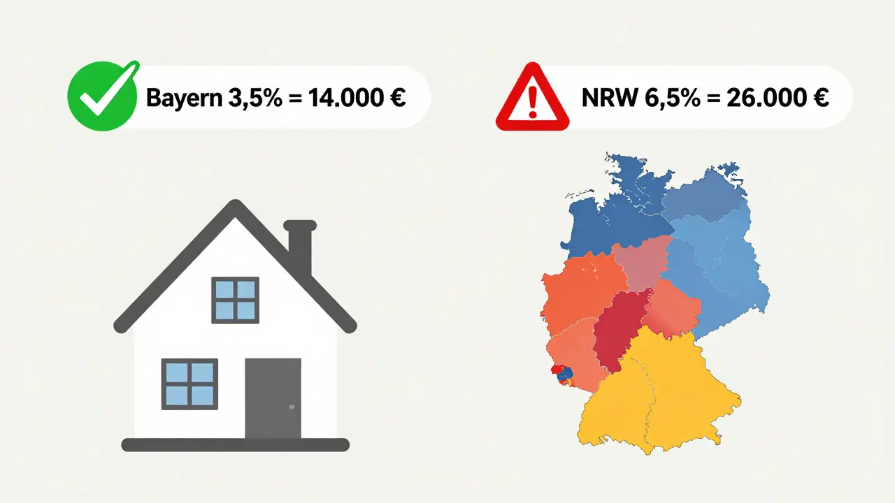 Zwei Häuser mit unterschiedlichen Grunderwerbsteuern in Bayern und NRW, verglichen auf deutscher Landkarte.