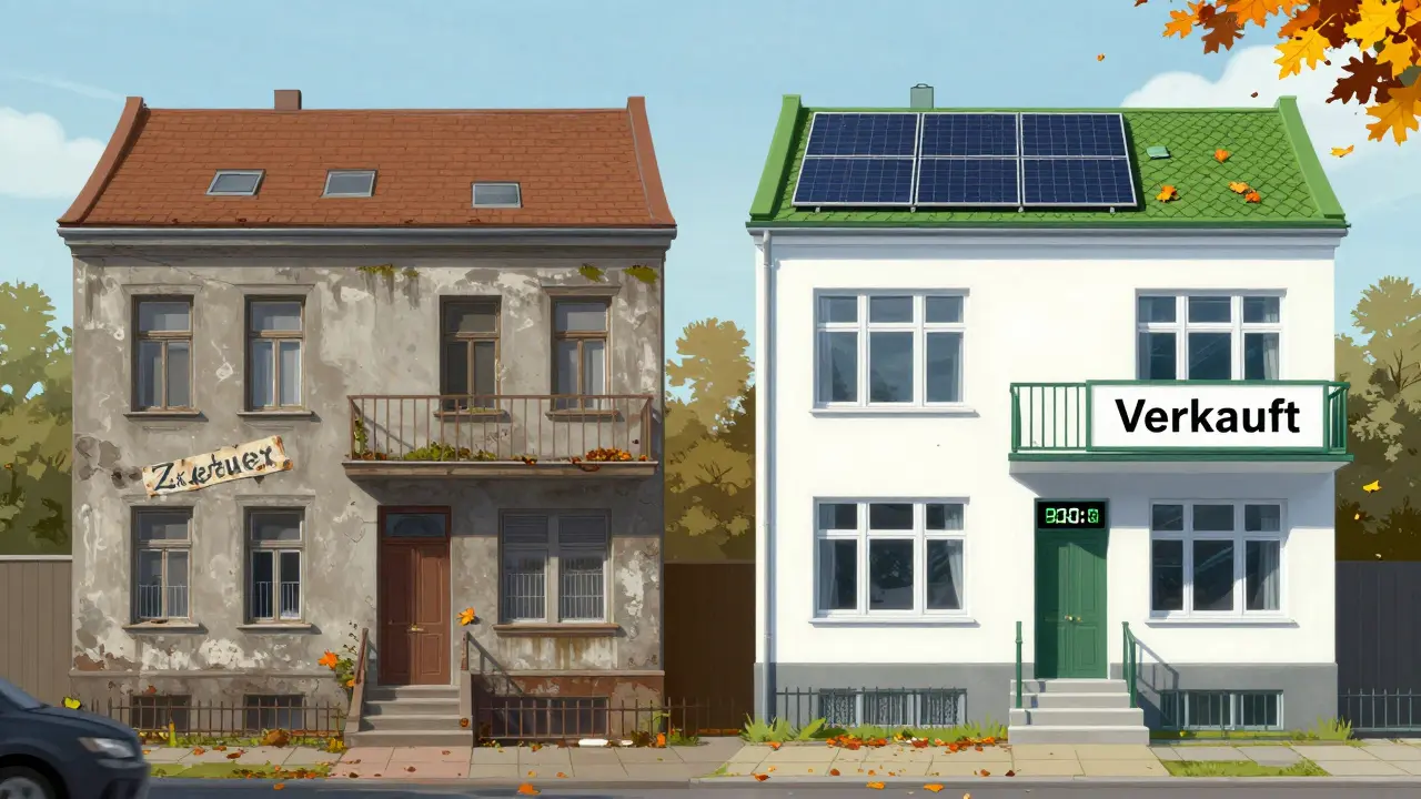 Zwei Seiten eines Berliner Hauses: eines veraltet und verlassen, das andere energieeffizient und verkauft.