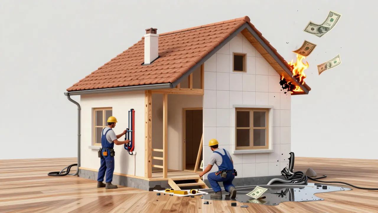 Zwei Seiten eines Hauses: eine professionell gebaute, eine chaotisch selbstgebaut – mit verbrennenden Geldscheinen über dem falschen Teil.