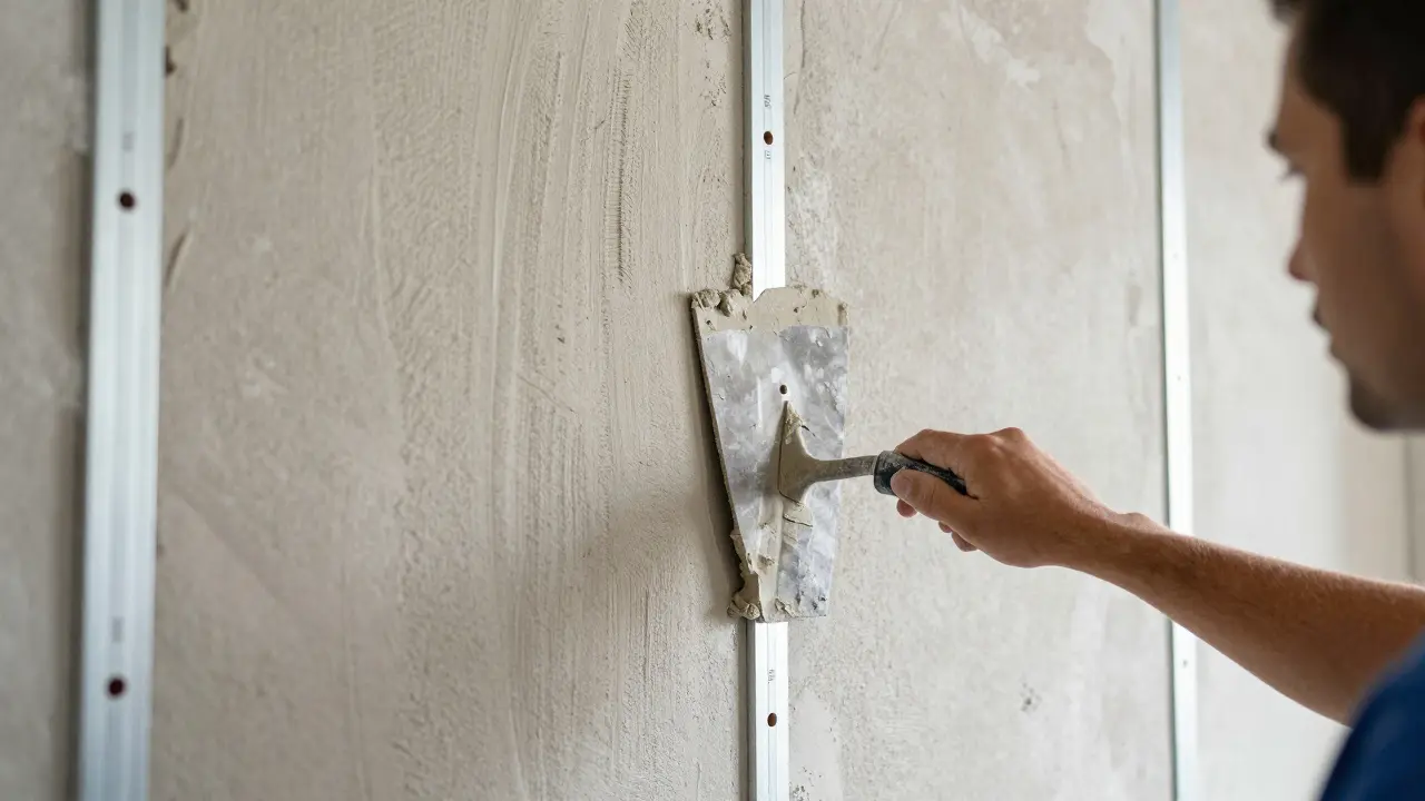 Auftragen von Sanierputz mit Kartätsche und Putzschienen im Keller