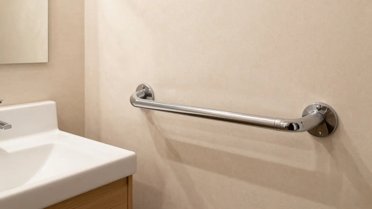 Barrierearmes Bad mit unterfahrbarem Waschbecken und stabilen Haltegriffen an der Wand.