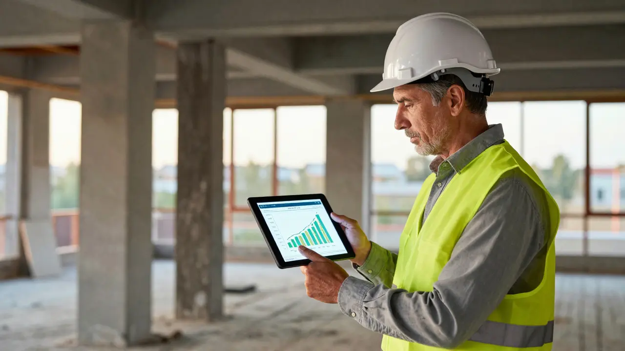 Bauleiter mit Tablet prüft Kostenanalyse in einem erfolgreich renovierten historischen Gebäude.