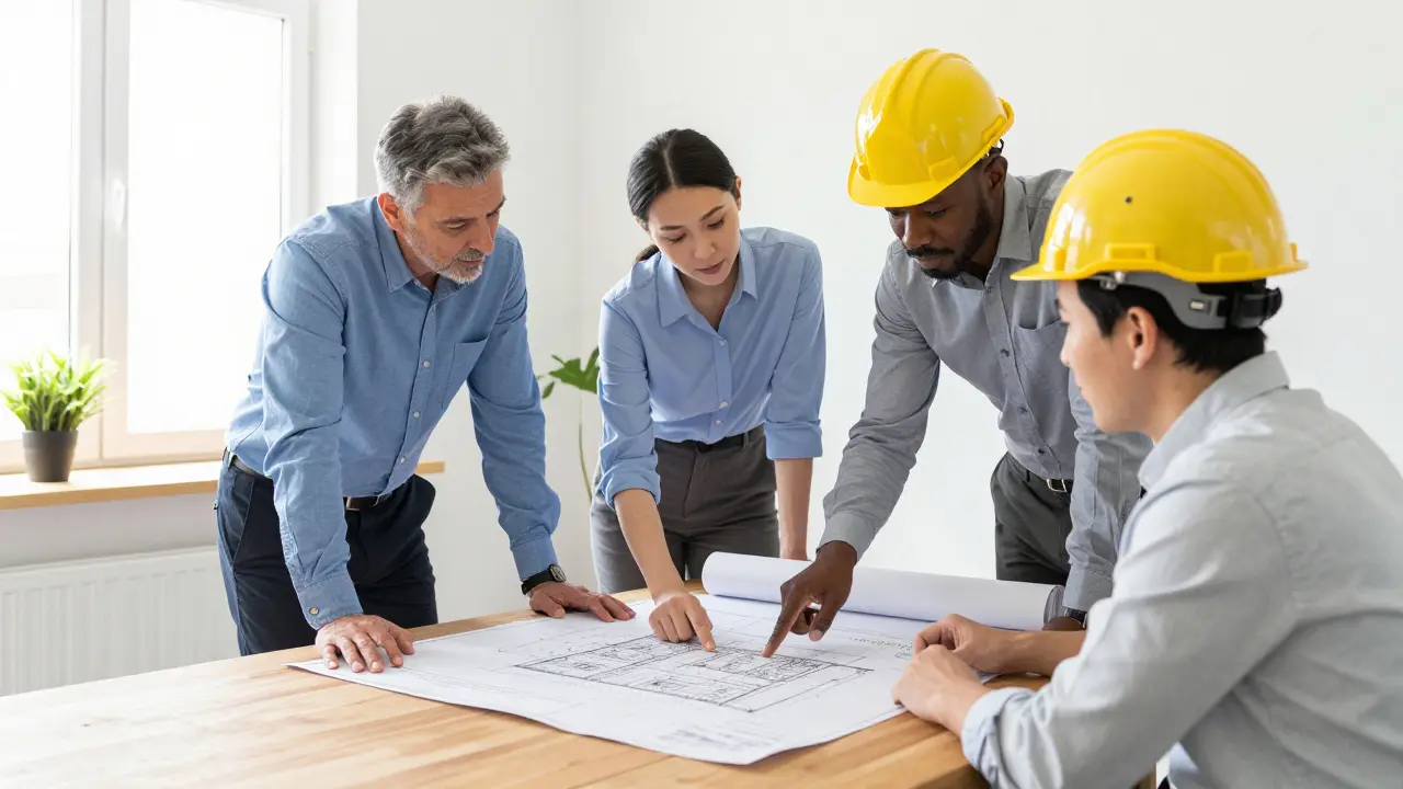 Besprechung zwischen Denkmalpfleger, Bauaufsicht und Brandschutzingenieur über Baupläne.