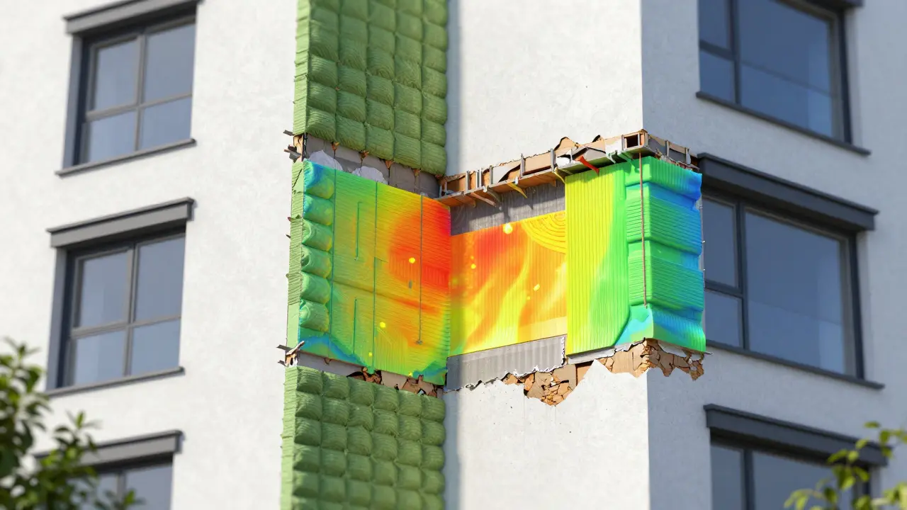 Detailansicht einer energetischen Gebäudesanierung mit Fokus auf moderne Wärmedämmung.