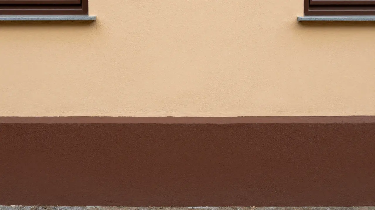 Detailansicht einer Fassade mit sandbeigen Wänden und einem schokobraunen Sockelbereich.