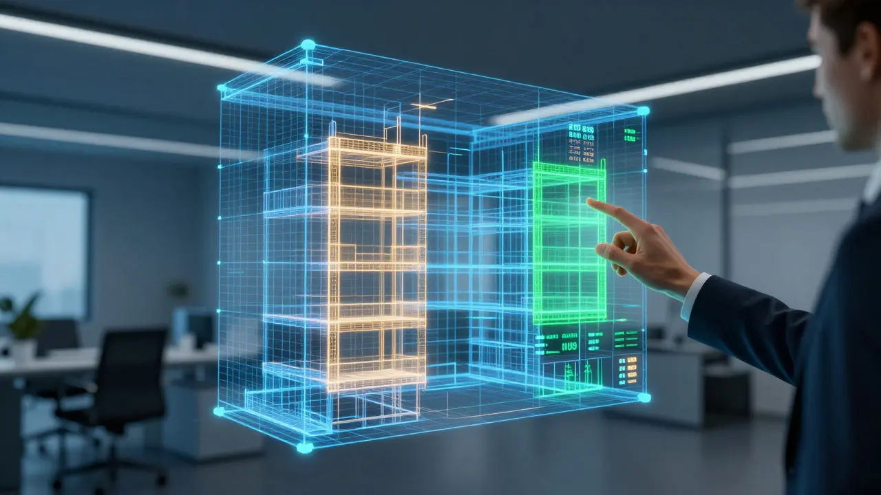Digitales BIM-Modell eines Gebäudes mit farbigen Hervorhebungen für Kostenkontrolle.