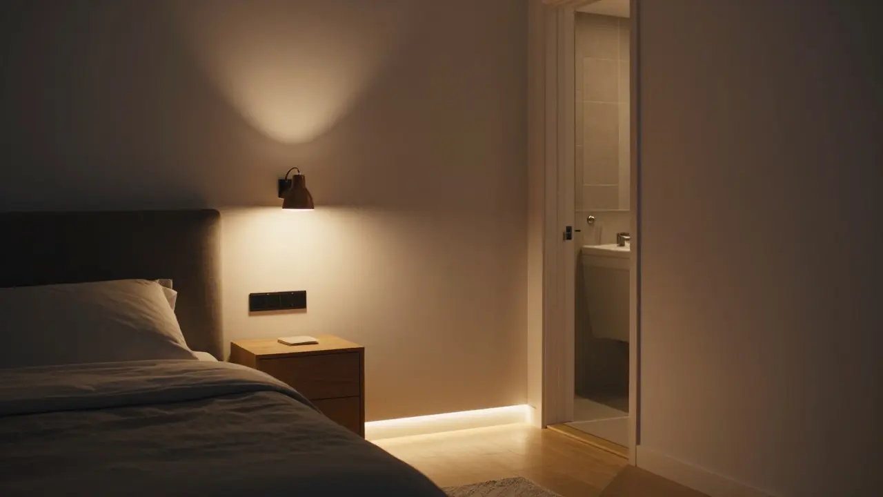 Drei-stufiges Lichtkonzept mit Deckenleuchte, Leselampe und bodennahen LED-Leisten.