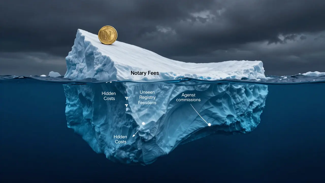 Ein Eisberg im Meer, der die sichtbaren Notarkosten und versteckte Nebenkosten symbolisiert.