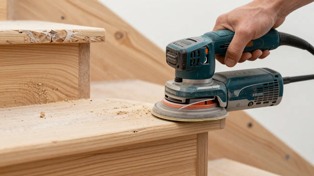 Ein Exzenterschleifer glättet die Holzoberfläche einer Treppenstufe in Maserungsrichtung.