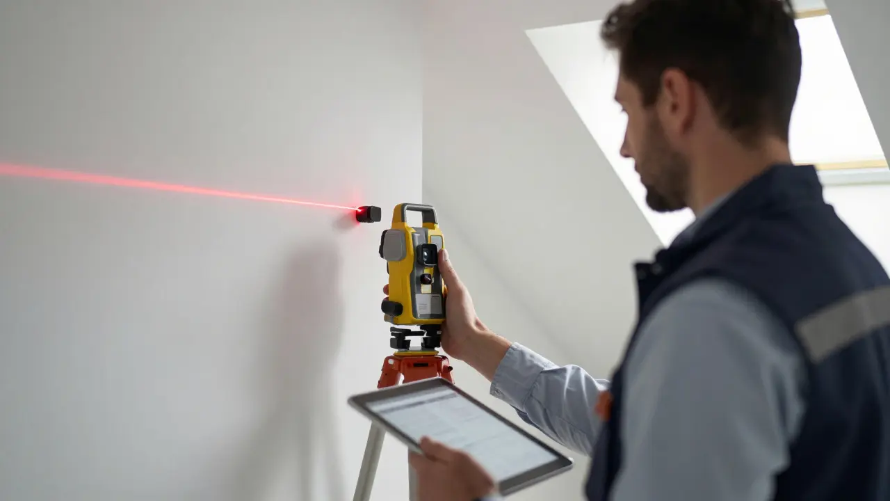 Ein Gutachter misst eine Dachschräge mit einem Laser-Entfernungsmesser.