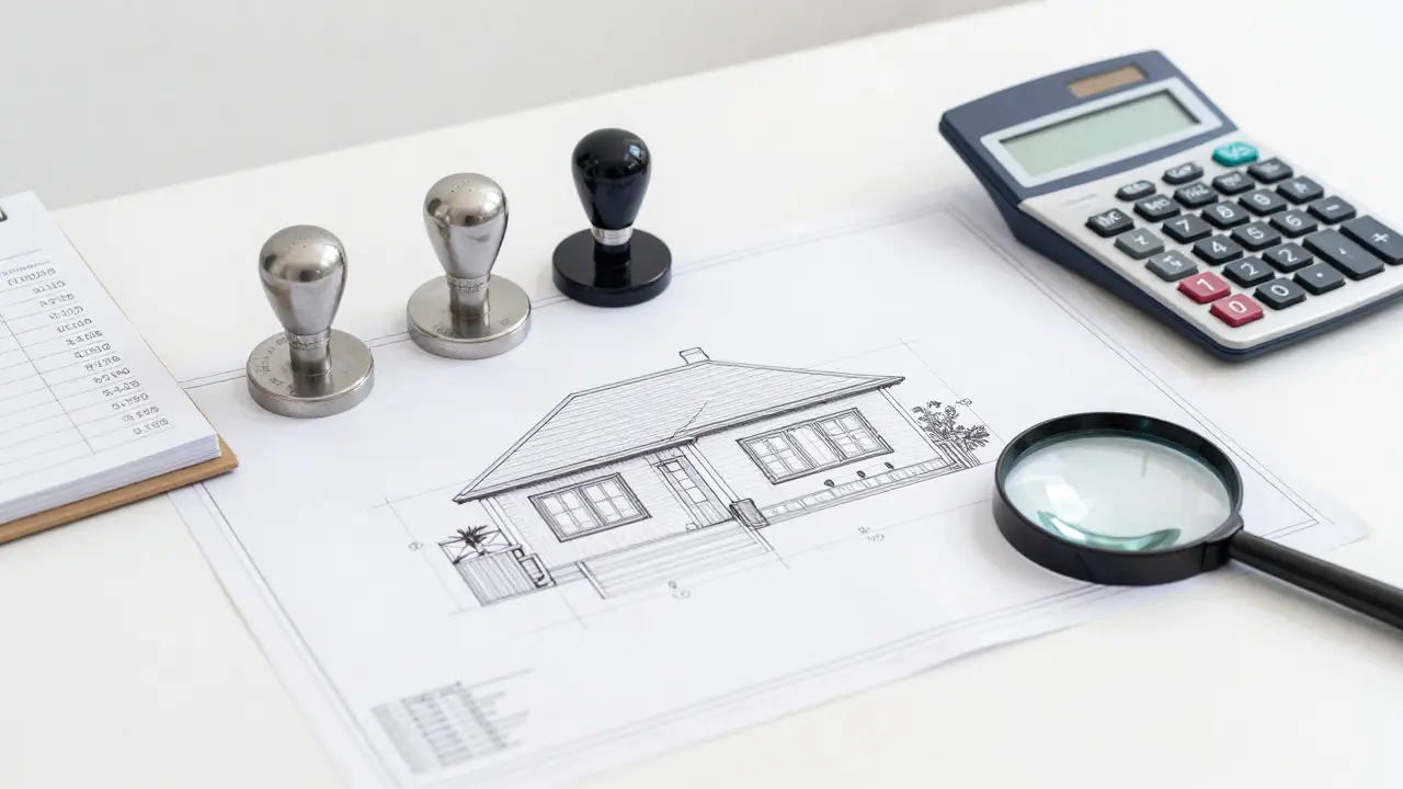 Ein Gutachter-Schreibtisch mit Hausplan, Taschenrechner und Dokumenten zur Wertermittlung.