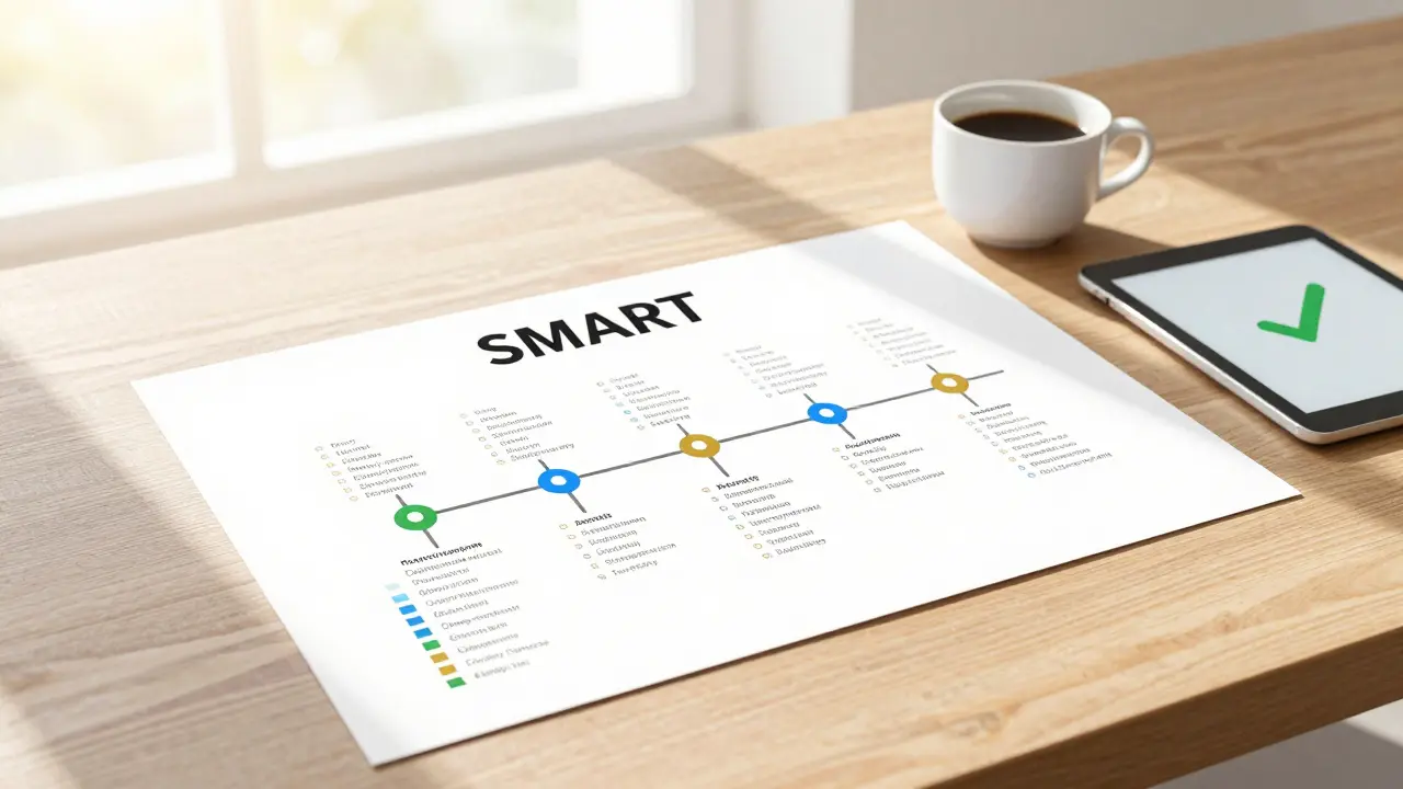 Ein strukturierter Projektzeitplan mit Meilensteinen und SMART-Zielen auf einem Tisch.