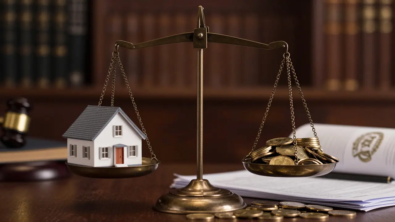 Eine Justitia-Waage, die ein Hausmodell gegen einen Stapel Geld und Dokumente abwägt.