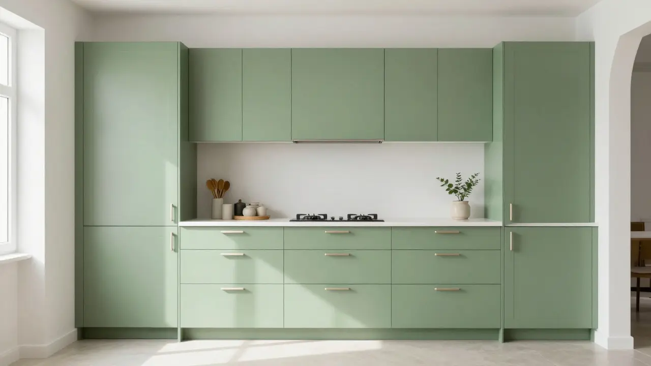 Eine modernisierte Küche mit frisch lackierten salbeigrünen Schränken.