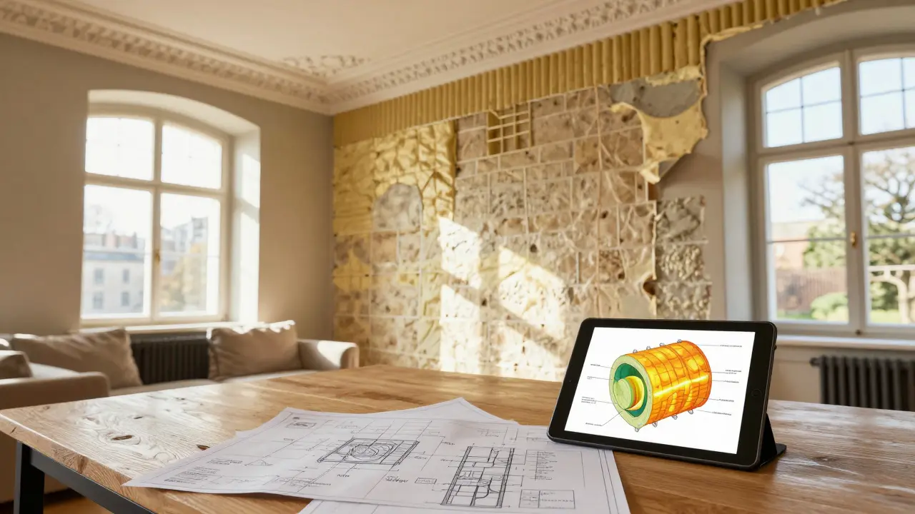 Energetische Innendämmung eines historischen Raums unter Erhalt der originalen Bausubstanz.