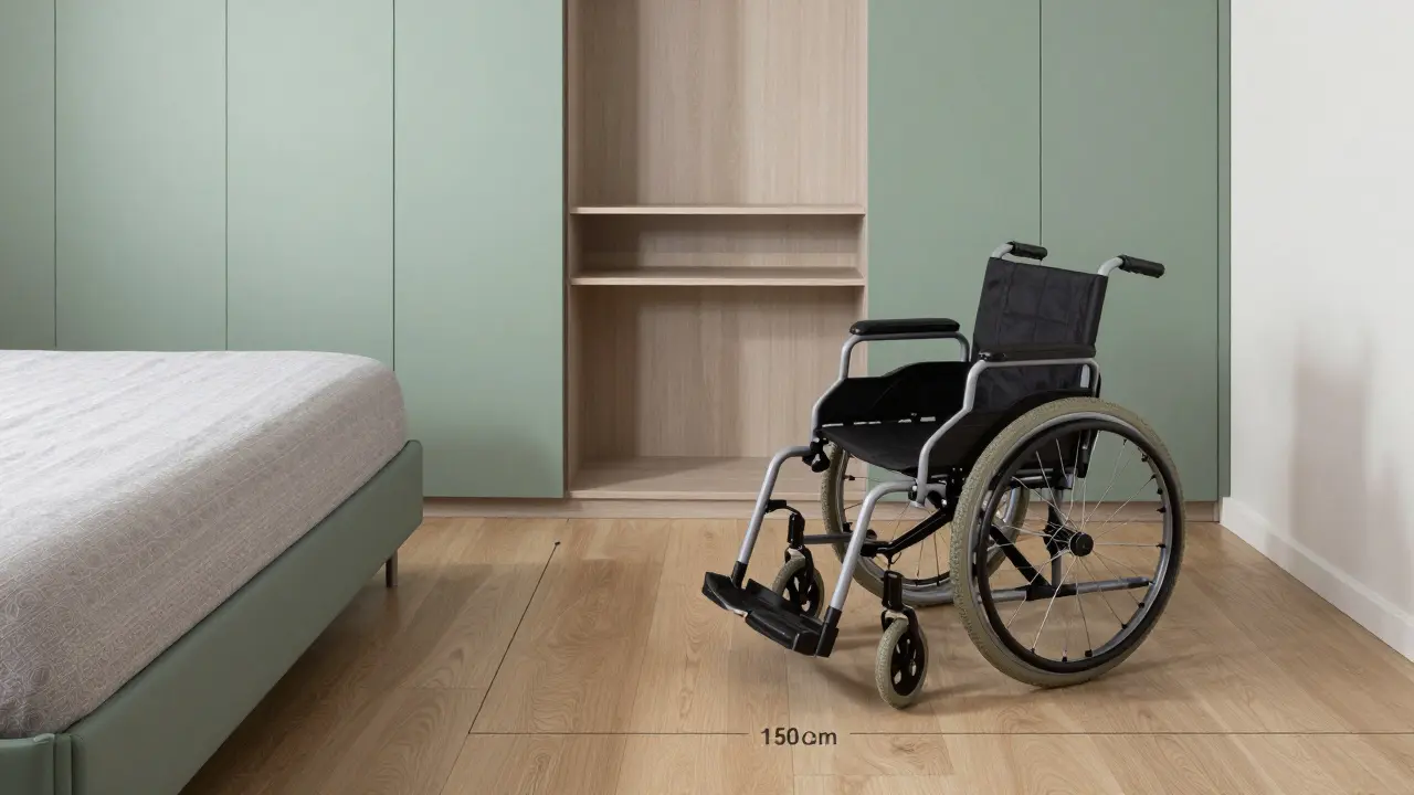 Ergonomische Anordnung von Bett und Schrank mit ausreichend Platz zum Wenden.