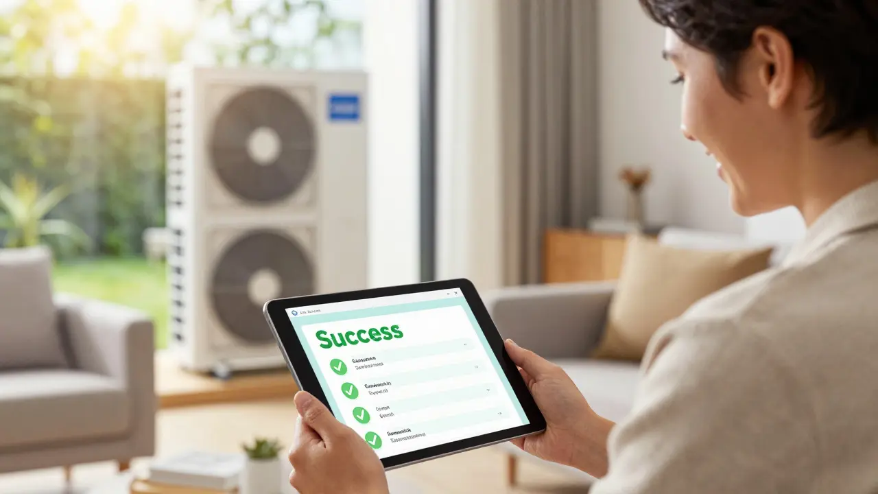 Glücklicher Hausbesitzer prüft digitalen Energiebericht in einem hellen Wohnzimmer.