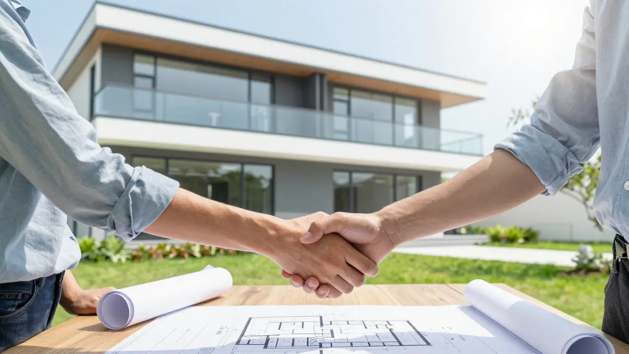 Händedruck zwischen Bauherr und Unternehmer vor einem fertiggestellten Haus