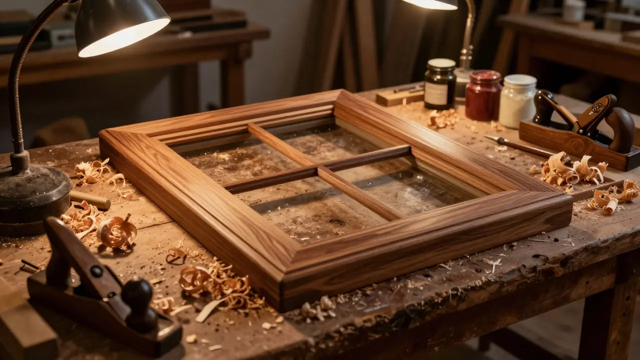 Handgefertigter historischer Holzfensterrahmen in einer traditionellen Schreinerei.