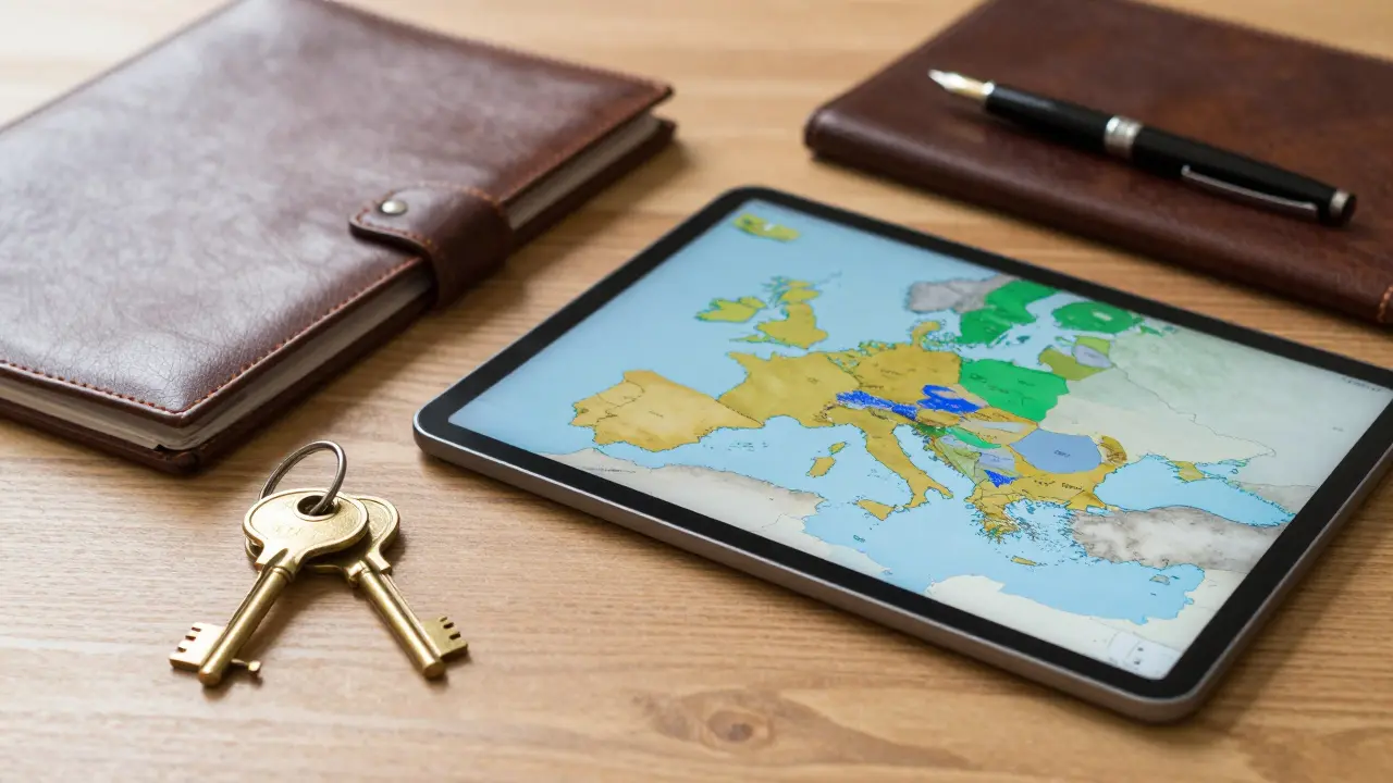 Haussschlüssel und Tablet mit Europakarte auf einem Schreibtisch zur Immobilienplanung.