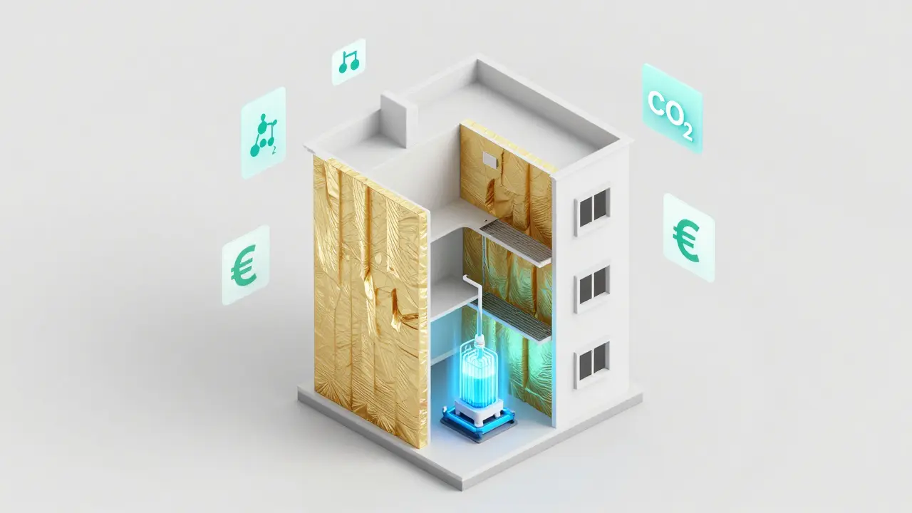 Isometrische Darstellung eines Hauses mit Fokus auf Heizungssystem und Dämmung.