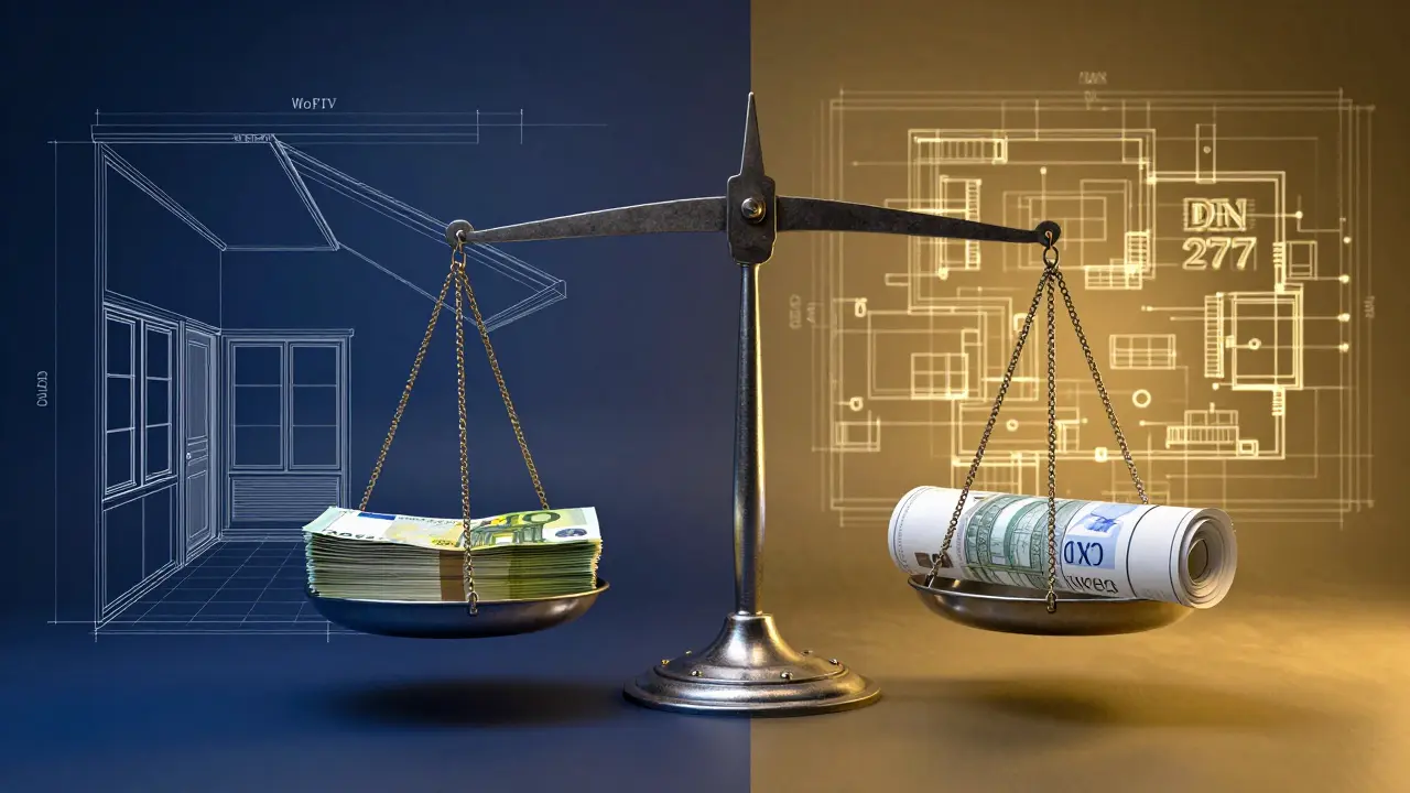 Konzeptbild zum Vergleich von Wohnflächennormen und deren finanziellem Wert.