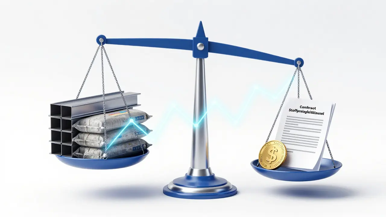 Konzeptuelle Waage mit Baumaterialien und Preisindex für Vertragsstabilität