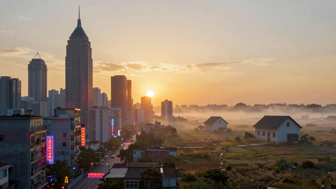 Künstlerische Darstellung der Kluft zwischen Stadt und ländlichem Leerstand