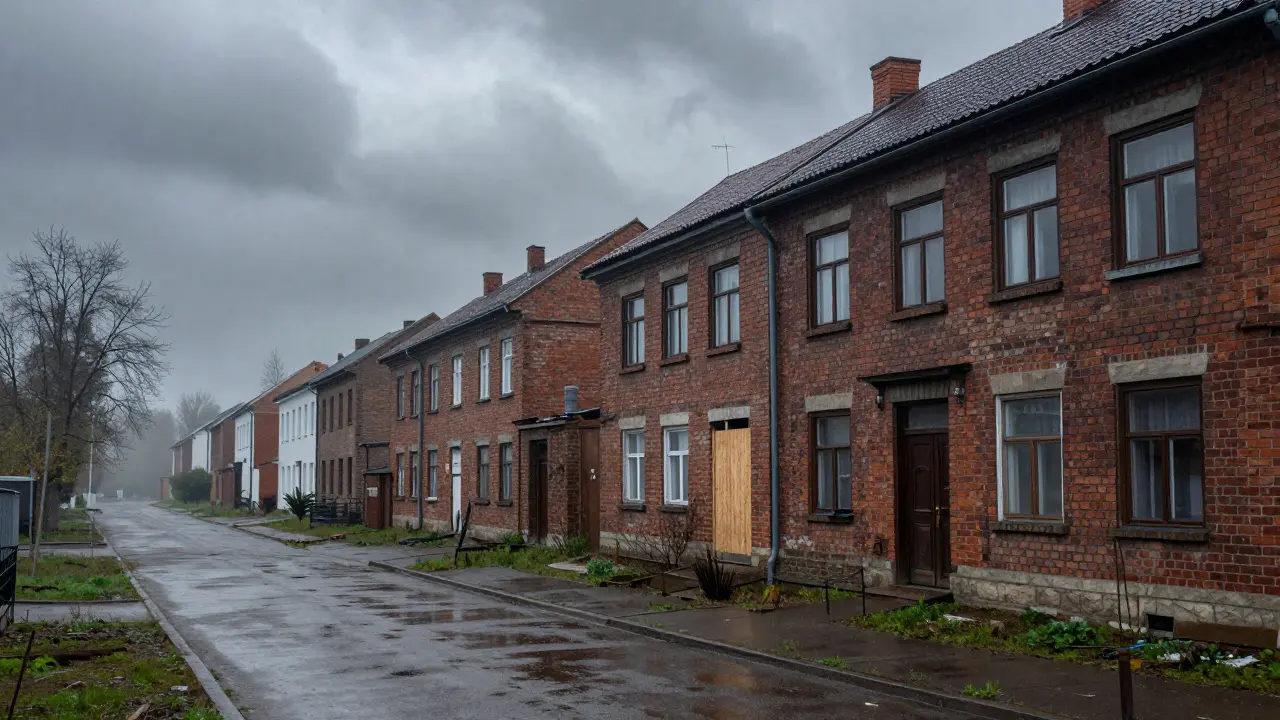 Leere dunkle Häuserzeile in einer verlassenen Kleinstadt im Nebel