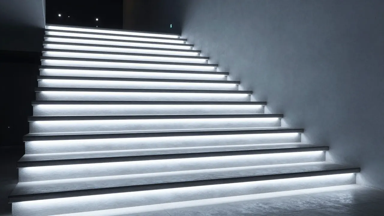 Moderne Kellertreppe mit integrierten LED-Stufenleuchten in Kaltweiß.