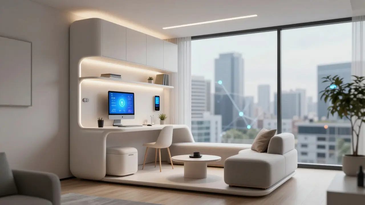 Modernes, kompaktes Smart-Home-Apartment für junge Stadtbewohner in einem digitalen urbanen Zentrum.