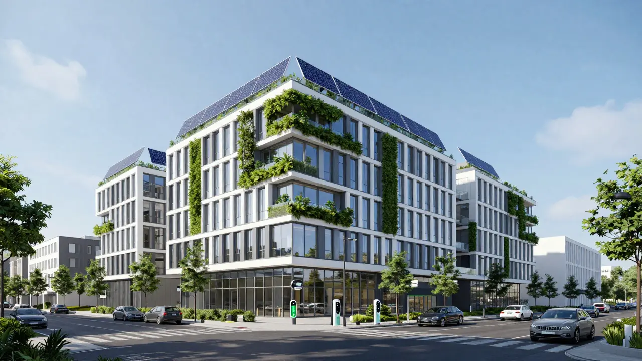 Modernes, nachhaltiges Bürogebäude mit Solarpaneelen und vertikalen Gärten.