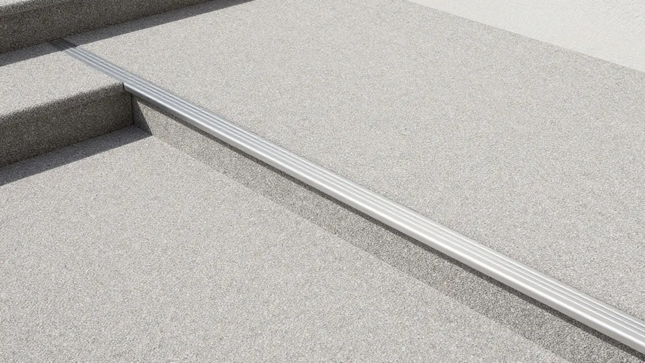 Nahaufnahme einer sanierten Kellertreppe mit Steinteppich und Alu-Kantenprofil.