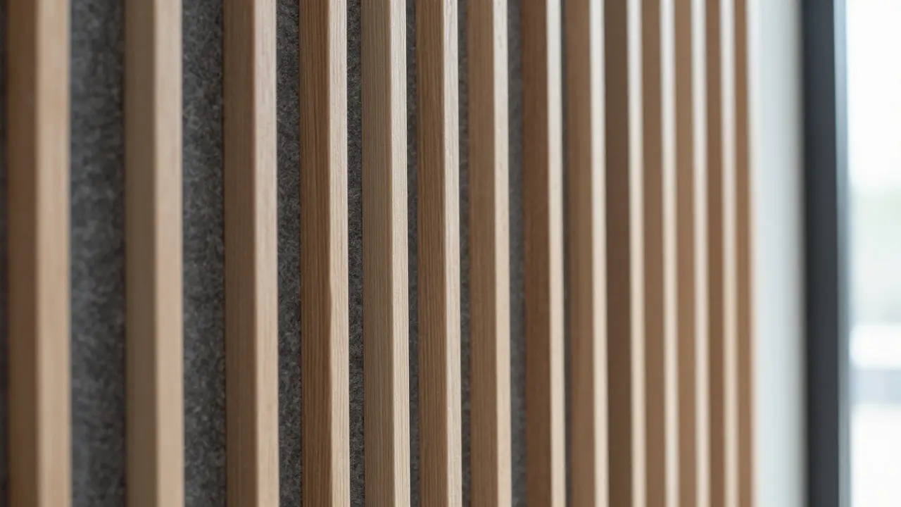 Nahaufnahme von modernen Akustikpaneelen mit Holzlamellen auf Filzgrund.