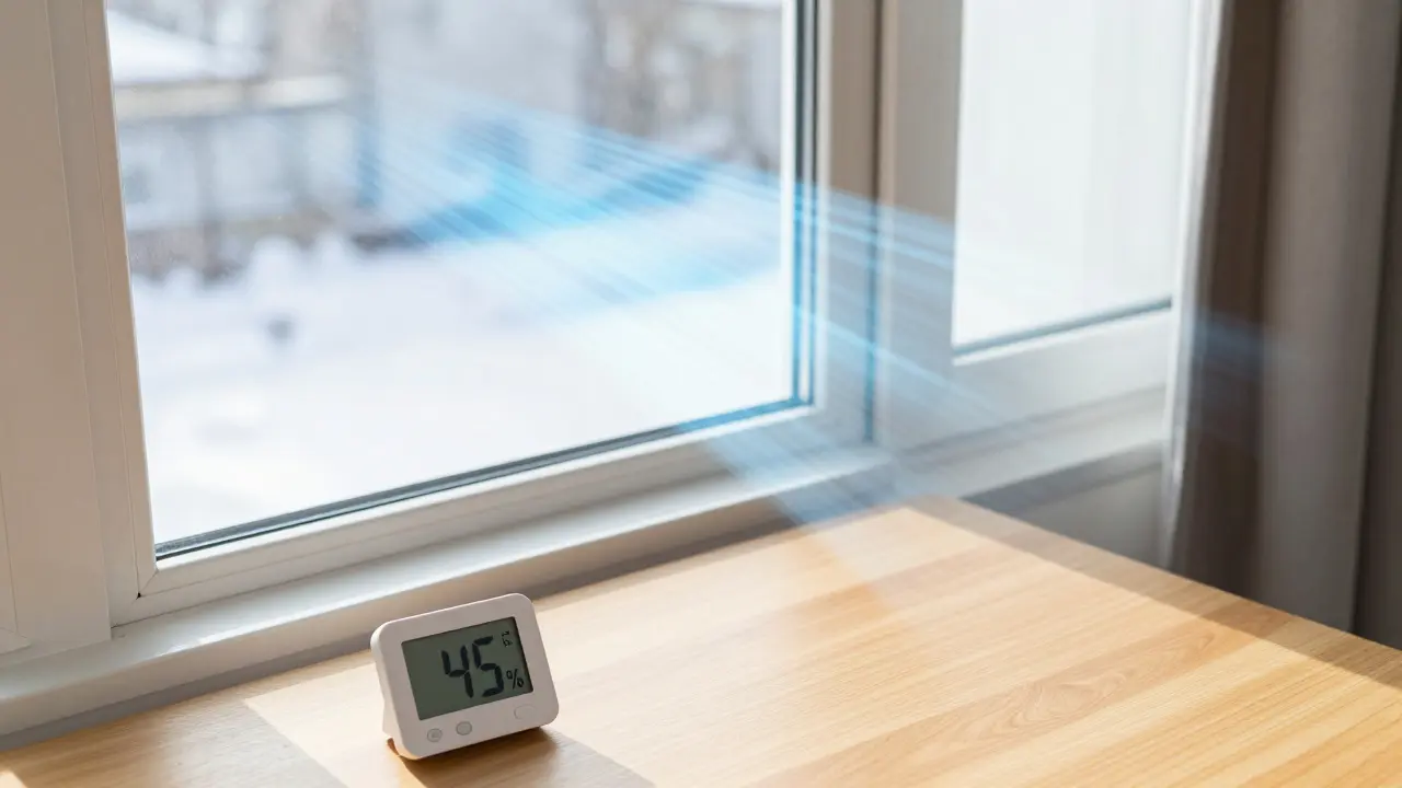 Offenes Fenster beim Stoßlüften mit einem Hygrometer im Vordergrund