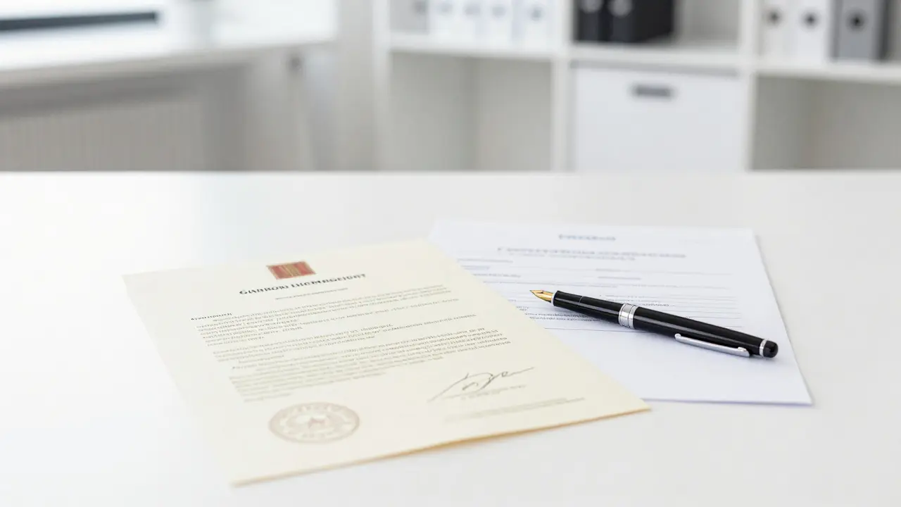 Originaldokumente und ein Antrag auf Grundbuchberichtigung in einem hellen Amtsgerichtsbüro.