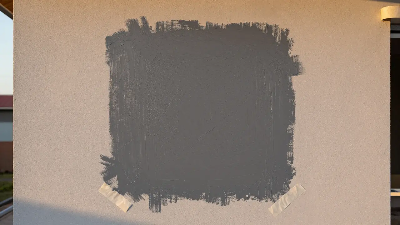 Probeanstrich einer Hauswand mit einem grauen Testfeld unter natürlichem Sonnenlicht.
