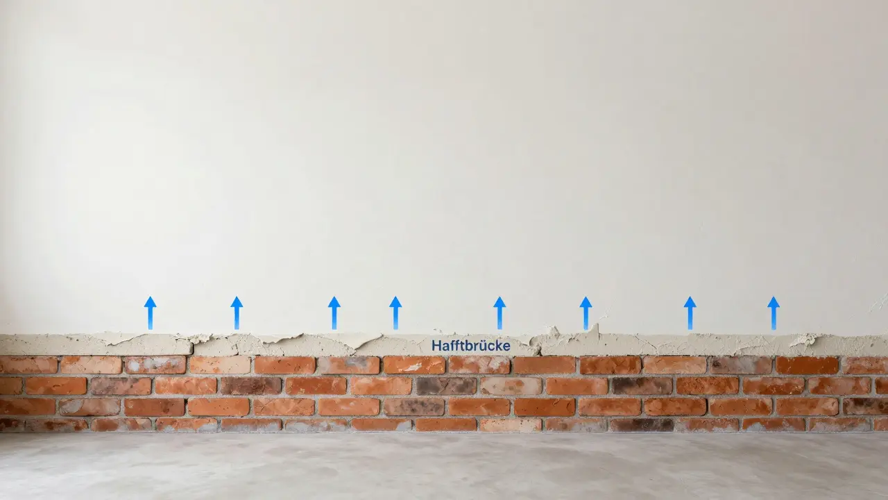 Schematischer Aufbau einer atmungsaktiven Kellerwand mit Sanierputz