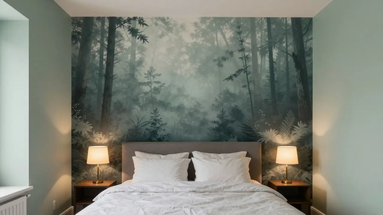 Schlafzimmer mit einer Akzentwand in Waldoptik und ergänzenden salbeigrünen Wänden.