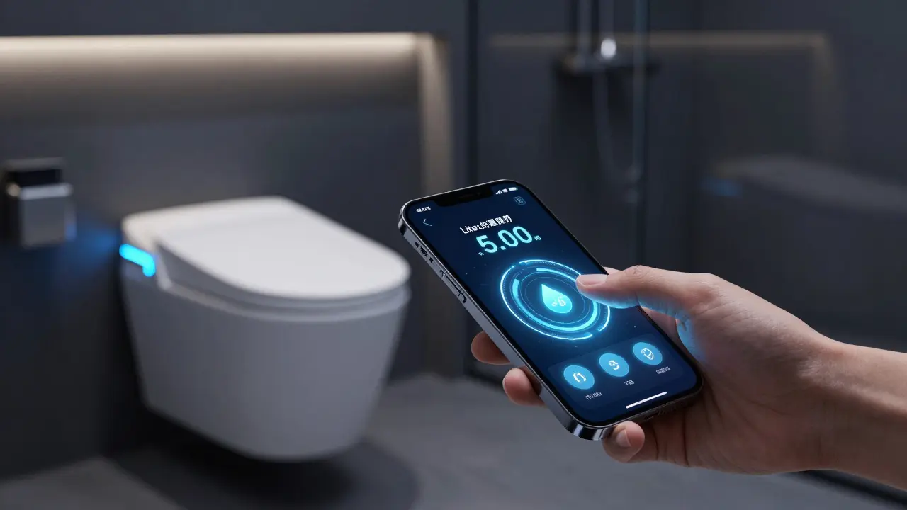 Smartphone-App zur Überwachung des Wasserverbrauchs bei einem modernen Smart-WC.