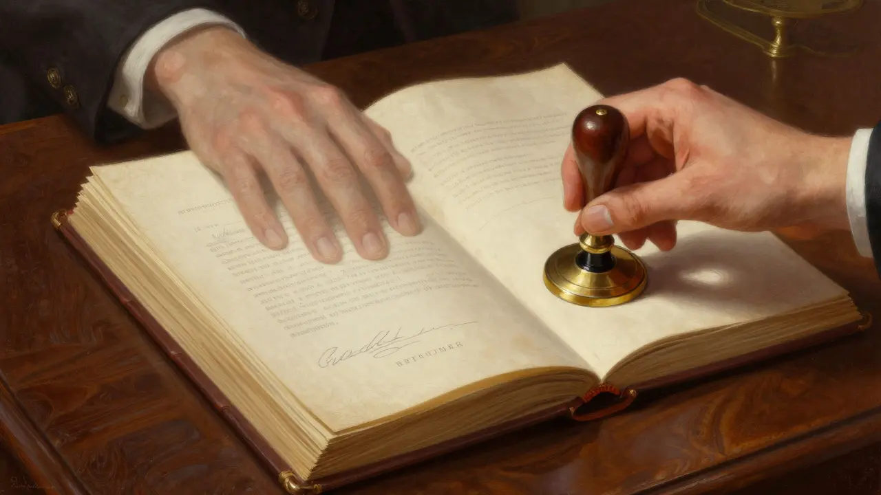 Symbolische Darstellung der Grundbuchberichtigung mit einem Erbschein und einem alten Register.