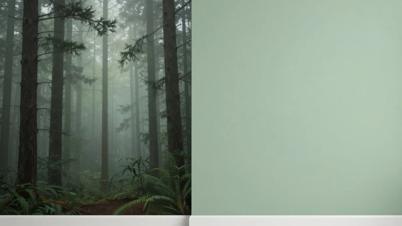 Vergleich zwischen einer realistischen Wald-Fototapete und einer schlichten salbeigrünen Wandfarbe.
