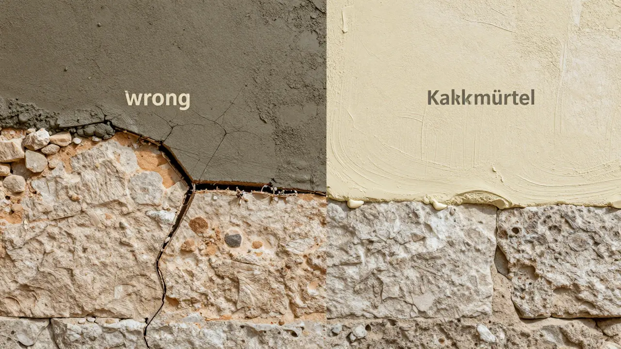 Vergleich zwischen schädlichem Zementmörtel und traditionellem, atmungsaktivem Kalkmörtel.